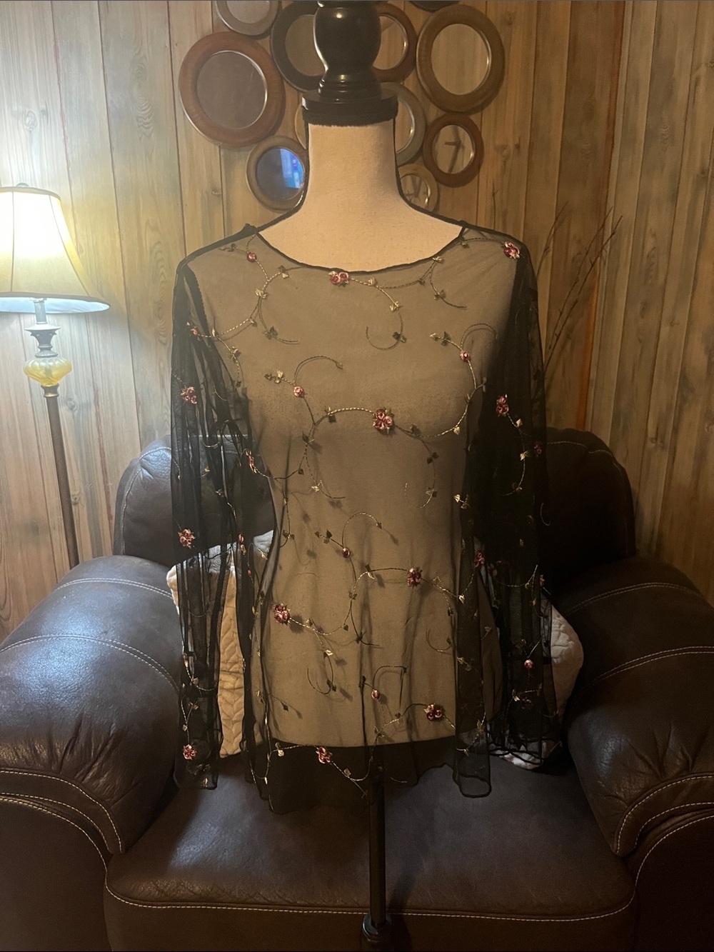 P.O.L Women Black Sheer Floral Embroidered Long Bell Sleeve Top
